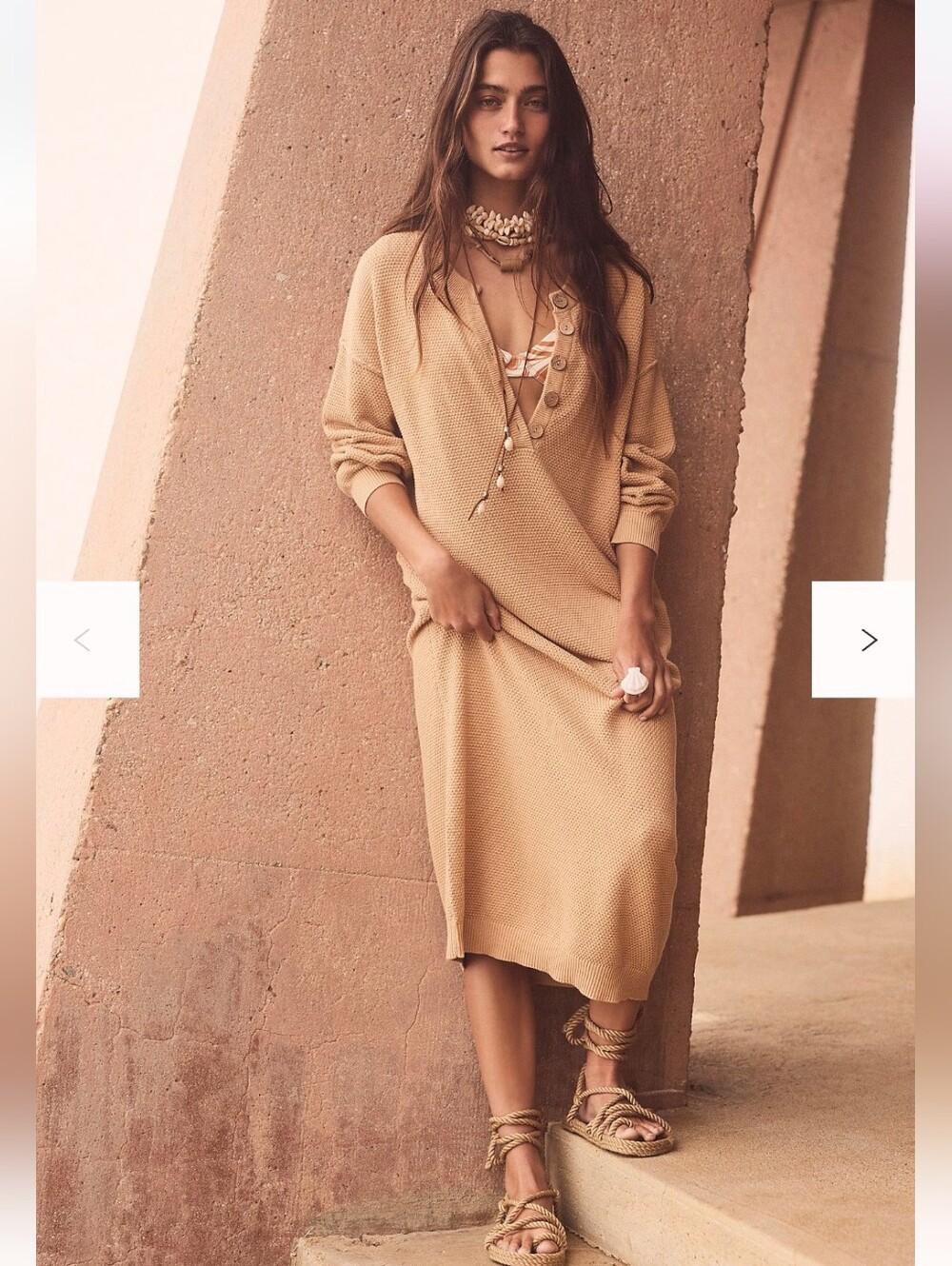 Relaxed Taupe Henley Knit Long-Sleeve Dress